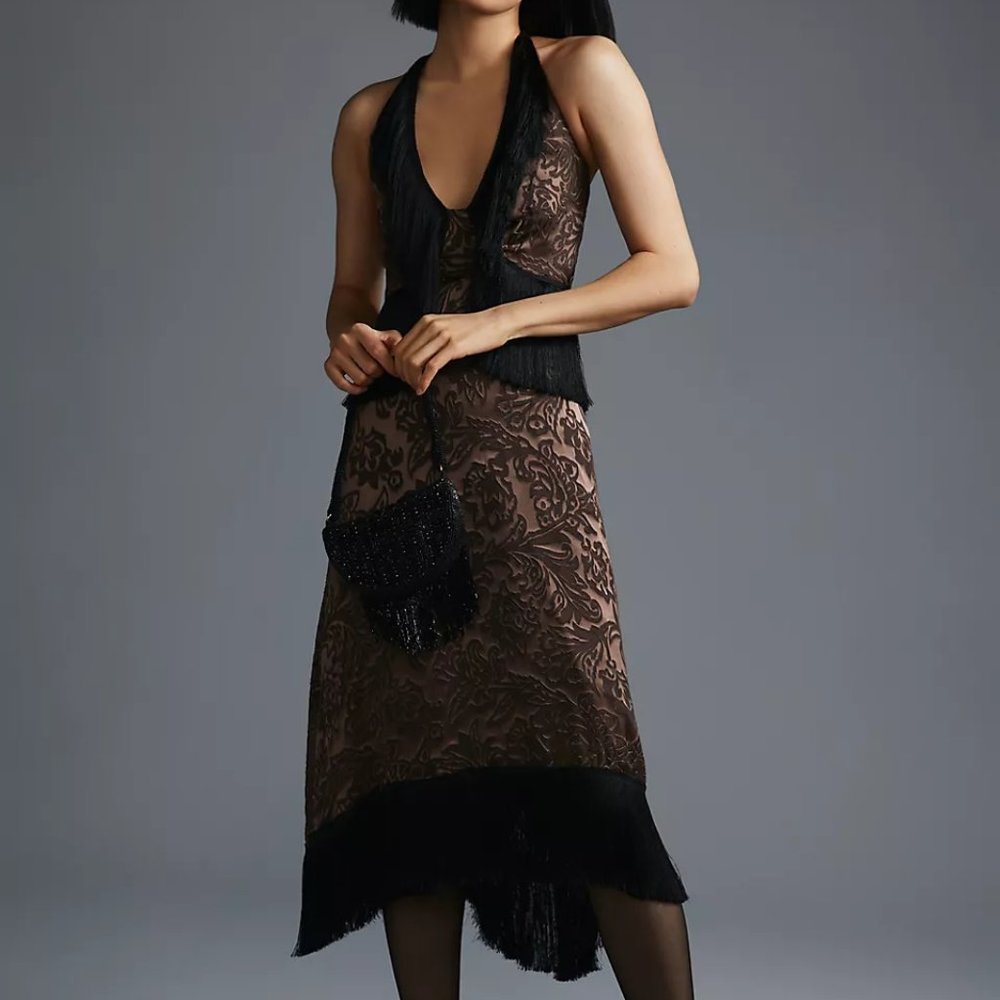 Anthropologie Fringed Velvet Halter Dress